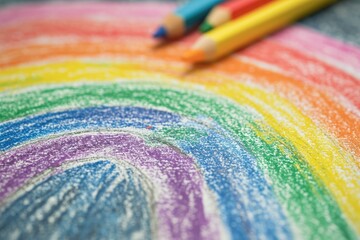 Fototapeta premium Abstract artistic background illustrating a child s colorful grungy rainbow crayon drawing with rough texture