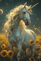 Majestic White Unicorn Amidst Sunflowers under the Evening Sky with Moon, Stars, and Clouds