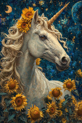 Majestic White Unicorn Amidst Sunflowers under the Evening Sky with Moon, Stars, and Clouds
