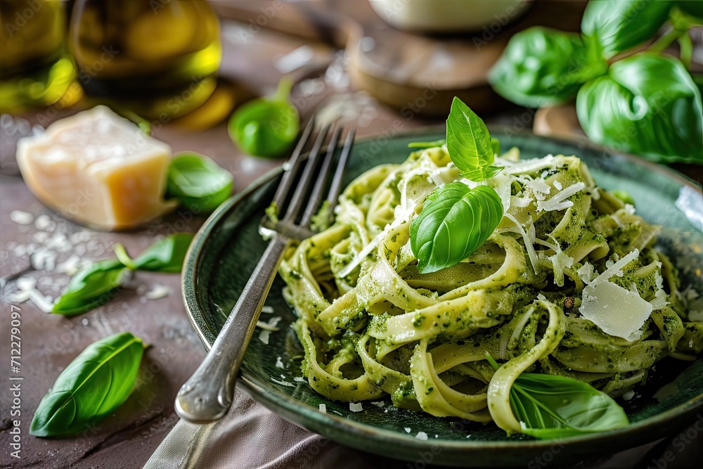 Wall mural green pasta bowl with fork green tagliatelle pesto basil leaves parmesan cheese traditional italian