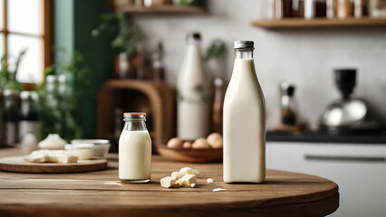 Fototapeta na wymiar Mockup of a blank white milk bottle on kithen background, Empty reusable bottle template, Generative AI