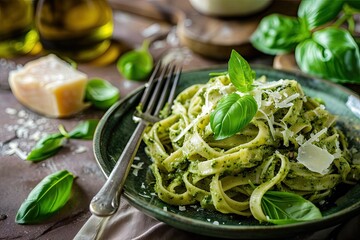 Green pasta bowl with fork green Tagliatelle pesto basil leaves parmesan cheese traditional Italian