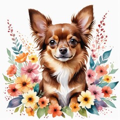 Watercolor chocolate chihuahua dog with flowers around