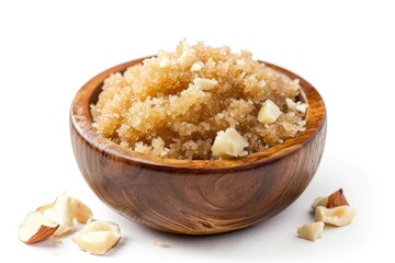 A closeup picture of body scrub featuring brown sugar almond oil and macadamia shell grains in a wooden bowl on a white background