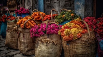 baskets of flowers for sale at the market