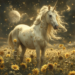 Obraz na płótnie Canvas Majestic White Unicorn Amidst Sunflowers under the Evening Sky with Moon, Stars, and Clouds