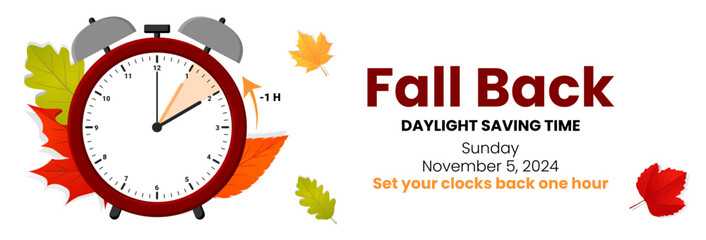 Daylight Saving Time is Over. The clock turns back one hour on November 5, 2024. Fall back concept banner. Vector illustration