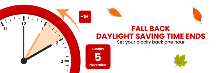 Daylight saving time concept. Clocks are set one hour back. Fall back, winter time web banner. Vector illustration