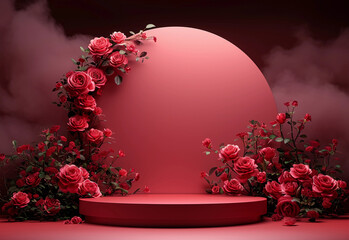Fototapeta na wymiar Pink platform surrounded by flowers celebrating Valentine's Day