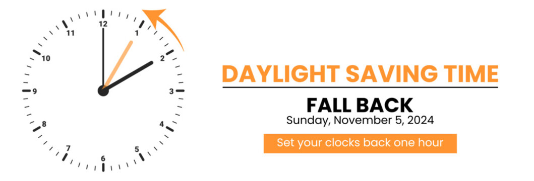 Daylight Saving Time is Over. The clock turns back one hour on November 5, 2024. Fall back concept banner. Vector illustration