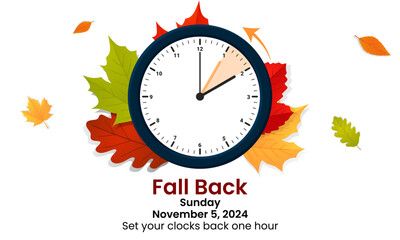 Daylight Saving Time is Over. The clock turns back one hour on November 5, 2024. Fall back concept banner. Vector illustration
