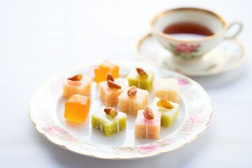 Fototapeta premium turkish delight pieces on a white plate, pistachio topping, with a tea glass