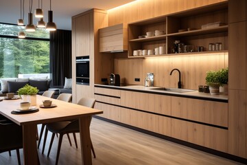 Modern wooden kitchen with smart appliances