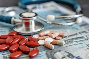 Medical insurance concept, healthcare, medication, stethoscope, and money