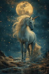 Obraz na płótnie Canvas A White Unicorn's Nocturnal Ballet under a Canopy of Stars and Moonlight in the Realm of Fantasy