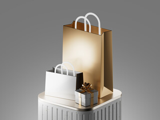 3D Shopping Bag. Render Collection Realistic Gift Bag. Sale, Discount or Clearance Concept. Fashion Handbag. Gold texture