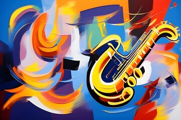 Vibrant jazz emotions come alive through dynamic shapes and hues in this captivating AI artwork, a visual symphony of rhythm and melody.