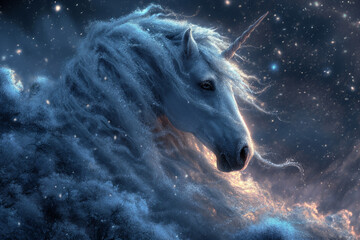 A White Unicorn Sitting in the Snow, Blanketed in Glistening Snowflakes, under the Dark Blue Night with Evening Sunlight
