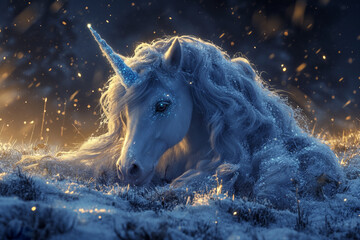A White Unicorn Sitting in the Snow, Blanketed in Glistening Snowflakes, under the Dark Blue Night with Evening Sunlight