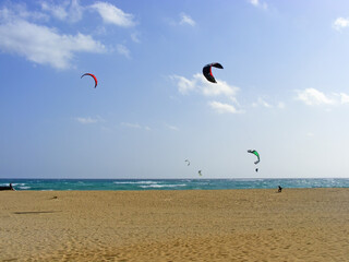 Kitesurfing in Fuerteventura, Canary islands, Spain.