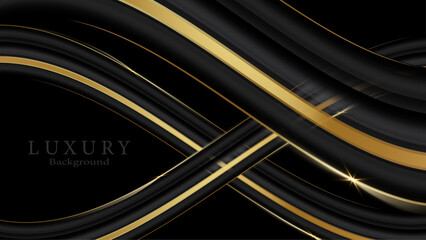 Black luxury background with golden line elements and wave shape decoration illustration.