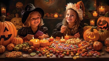 Two little girls celebrating Halloween with pumpkins and candles