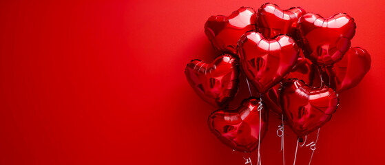 Fototapeta na wymiar Red heart shaped balloons on a red background. Valentine's Day. Birthday card. Holidays background. Generative AI