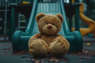 Lonely brown bear toy lost on playground symbolizing International missing Children day