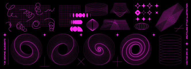 Set of neon pink vector wireframe objects and retro futuristic y2k elements. Line grid torus, wormhole, perspective mesh, geometric shape icons. Retro geometry design 90s y2k style elements collection - obrazy, fototapety, plakaty
