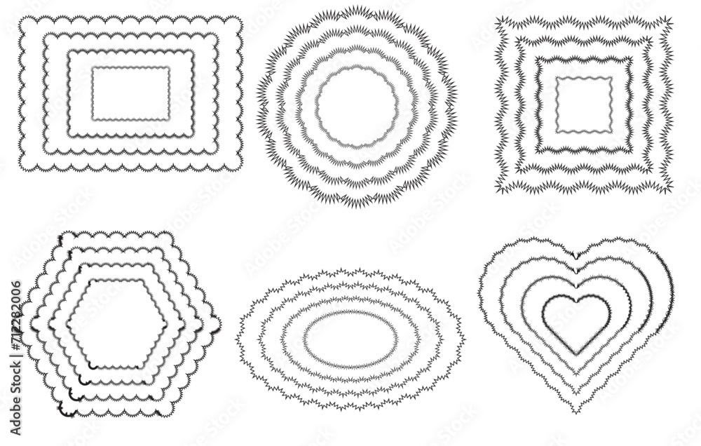 Aufkleber set of zigzag edge line circle, squares, oval, heart grey icon and shape. wavy line edge rectangle, 