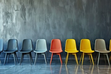 Modern design chairs arranged in front of a grey wall create graphic backgrounds a metaphorical representation of the hiring position - obrazy, fototapety, plakaty