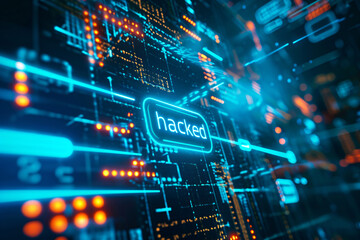 Technology background with the word hacked, hacking attack, ransomeware, cyber attack concept