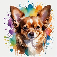 Watercolor chocolate chihuahua dog with watercolor splashes