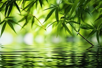 Bamboo setting Reflective water and lush foliage