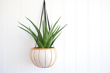 aloe vera in a hanging basket against a white wall