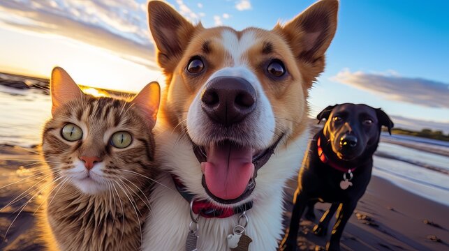best friends cats and dogs taking selfie shots at the beach