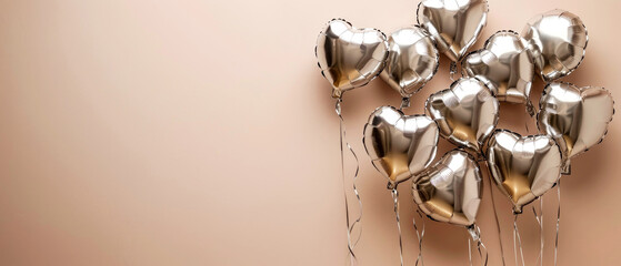 Silver mettalic heart shaped balloons on a beige background. Valentine's Day. Birthday card. Holidays background. Generative AI