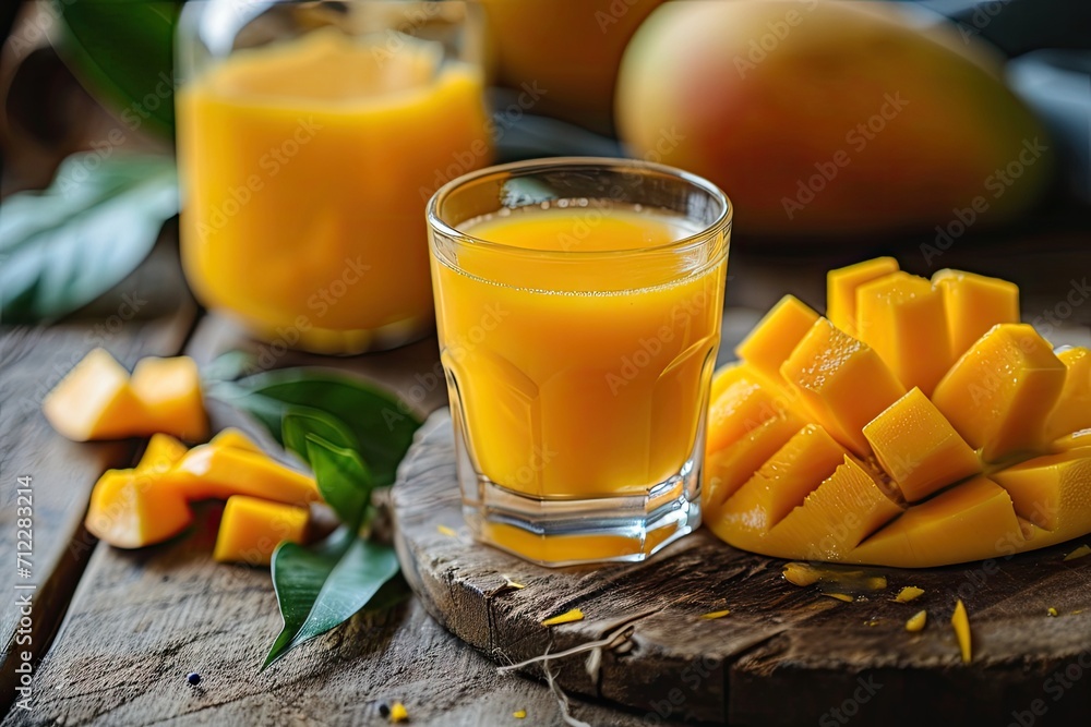 Sticker Mango juice and fruit in a glass