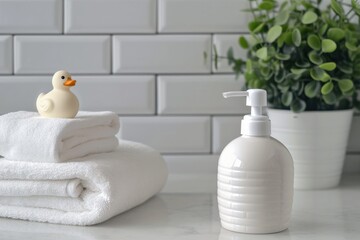 White dispenser with soap shower gel little duck and white towels in a mockup - obrazy, fototapety, plakaty