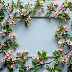 Fototapeta na wymiar Empty picture frame mockup in spring theme with pink tree blossoms