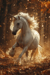 Obraz na płótnie Canvas White Unicorn with Flowing Mane in Orange-Brown Woodland Splendor