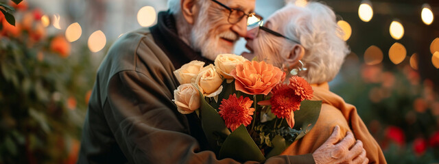 grandfather in love gives flowers to grandmother