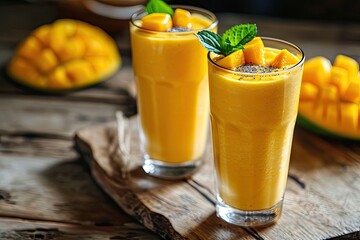 Fototapeta premium Revitalizing and nutritious mango smoothie served in tall glasses