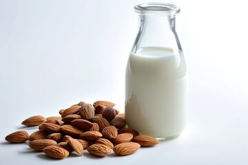 Picture of new almond milk bottle with almonds on white background