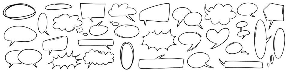 Handdrawn doodle grunge speech bubbles and dialogue emphasis. Charcoal pen line chat ballons. Round scrawl cloud frames. Vector illustration of freehand Fukidashi icons.