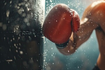 Strong man punches floor bag in boxing glove Close view - obrazy, fototapety, plakaty