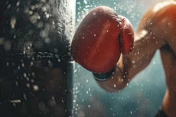 Fototapeten Strong man punches floor bag in boxing glove Close view © The Big L