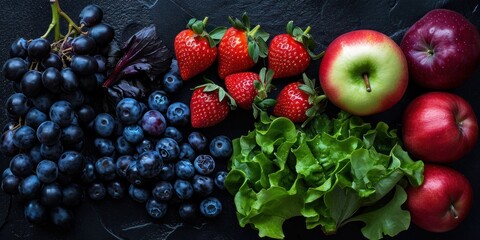 Assortiment de fruits et légumes frais sur un fond noir
