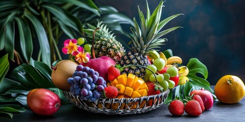 Une corbeille de fruits avec ananas, raisin, pêche, banane, pomme, mangue, fraise - obrazy, fototapety, plakaty