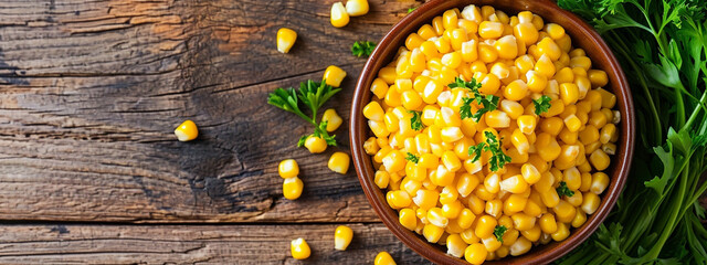 tasty corn in a plate on a wooden background - obrazy, fototapety, plakaty